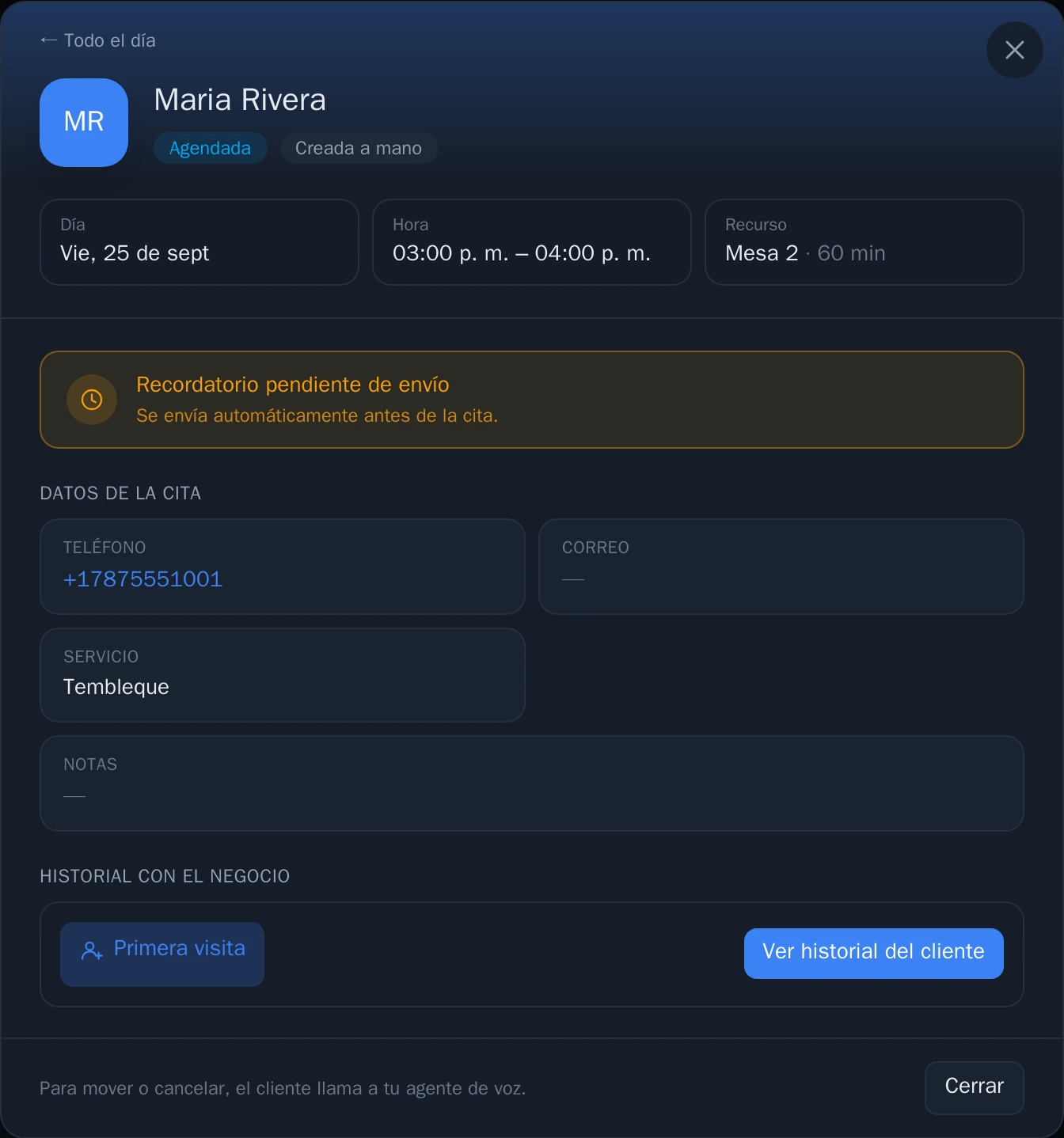 Detalle de una cita: día, hora, recurso, servicio y recordatorio automático