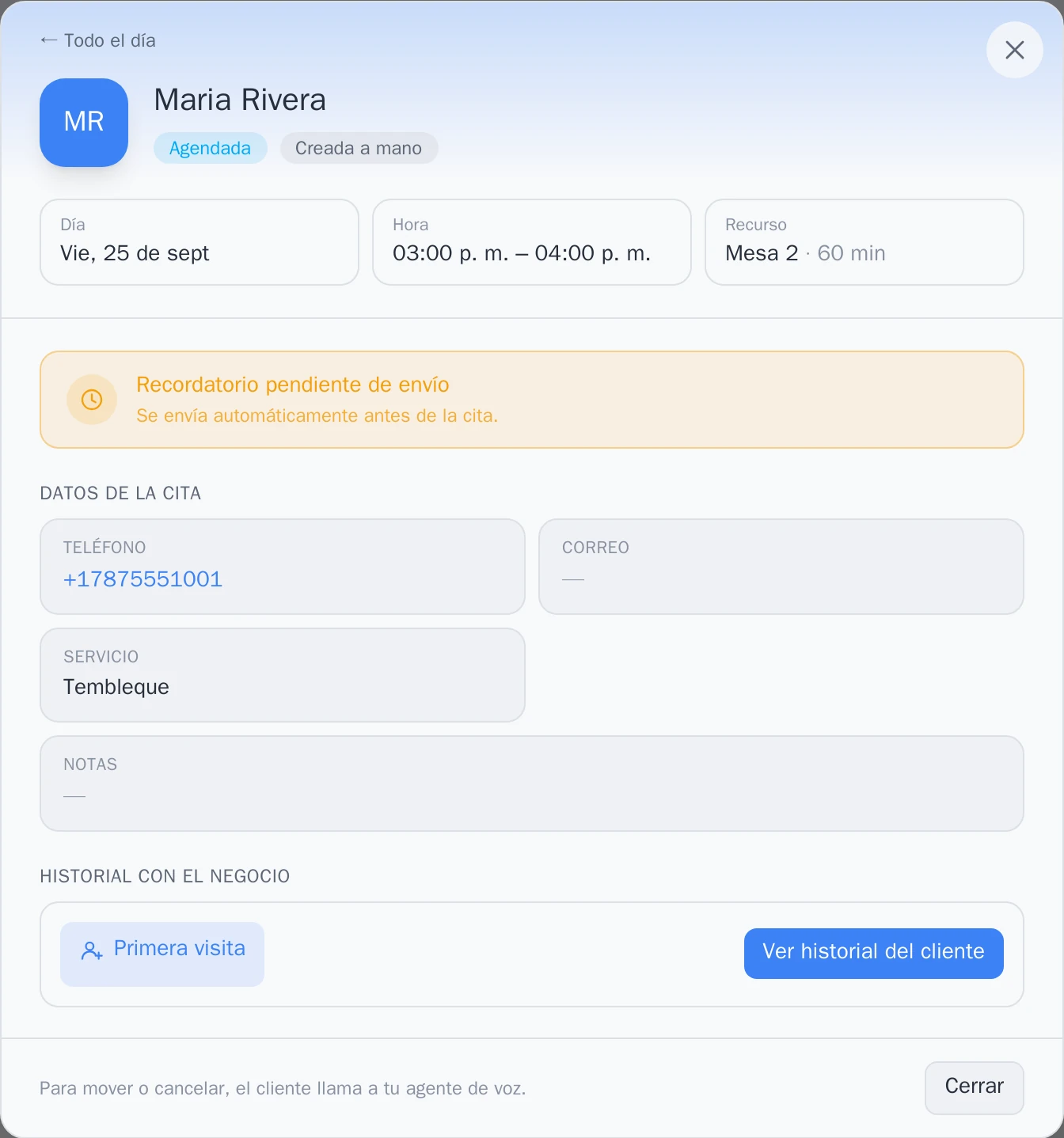 Detalle de una cita: día, hora, recurso, servicio y recordatorio automático